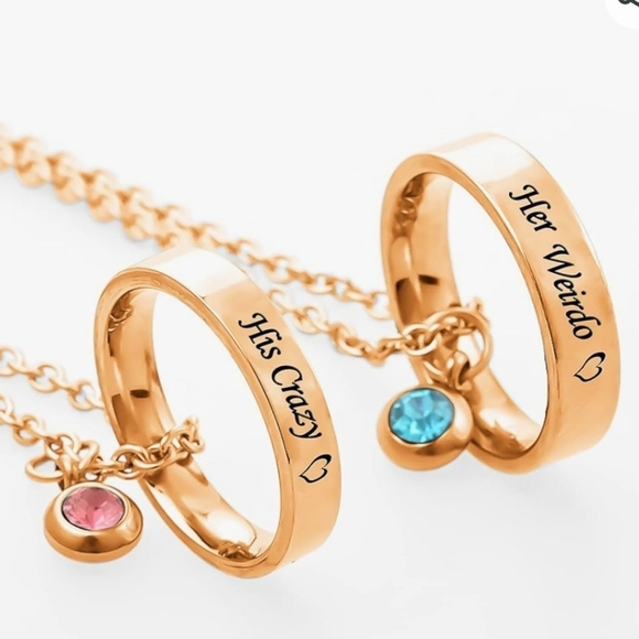 MJartoria Matching Necklaces, His & Hers Engraved Rhinestone Rings Set - Picture 1 of 13